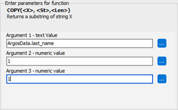 The Expression Wizard dialog with parameters filled-in for the copy command. The first parameters contains the last name, with the second and third parameters containing a value of one.